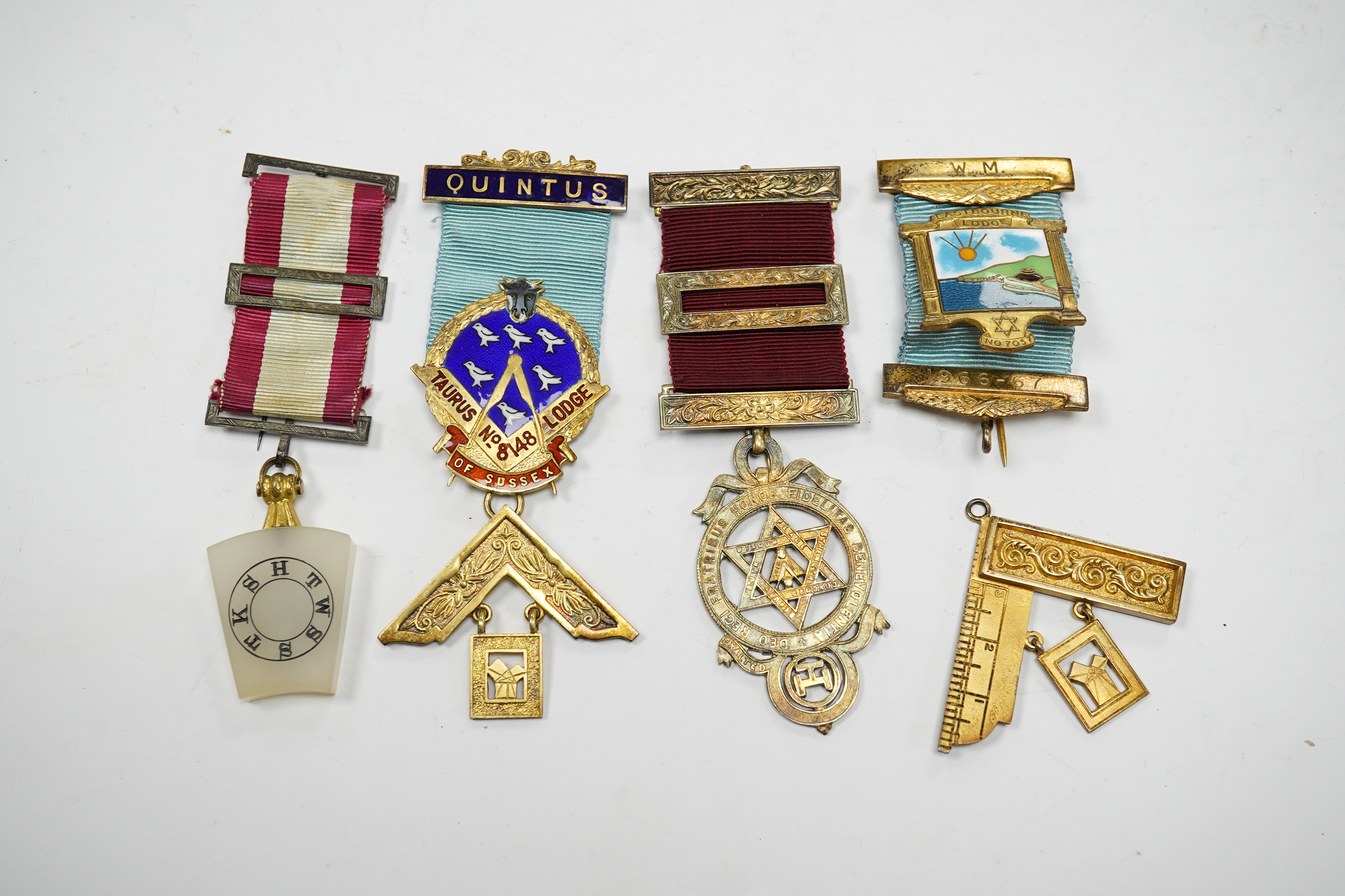 Masonic medals some silver gilt and enamel, to include Eastbourne Lodge and Taurus No 8148 Lodge of Sussex. Condition - fair to good